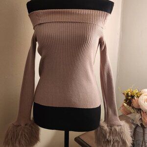 Chic Off-Shoulder Sweater with Faux Fur Cuffs